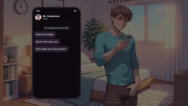 Jason reading texts from his landlord